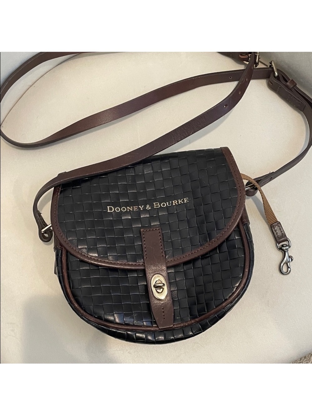Dooney & Bourke Black Woven Leather Crossbody with Brown Trim